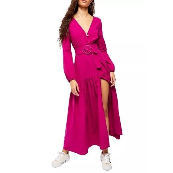 Free People S Kendra belted button front long sleeve Midi Dress in Pink - Picture 13 of 15